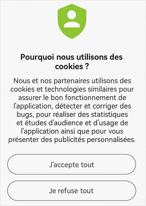 Acceptation ou non des cookies de l'app Fortuneo