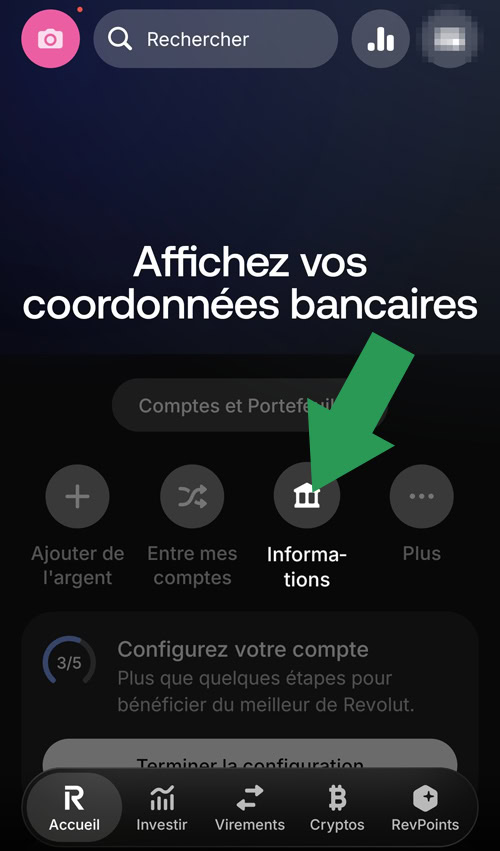 Écran d'accueil de l'application Revolut, après avoir fini l'ouverture de compte