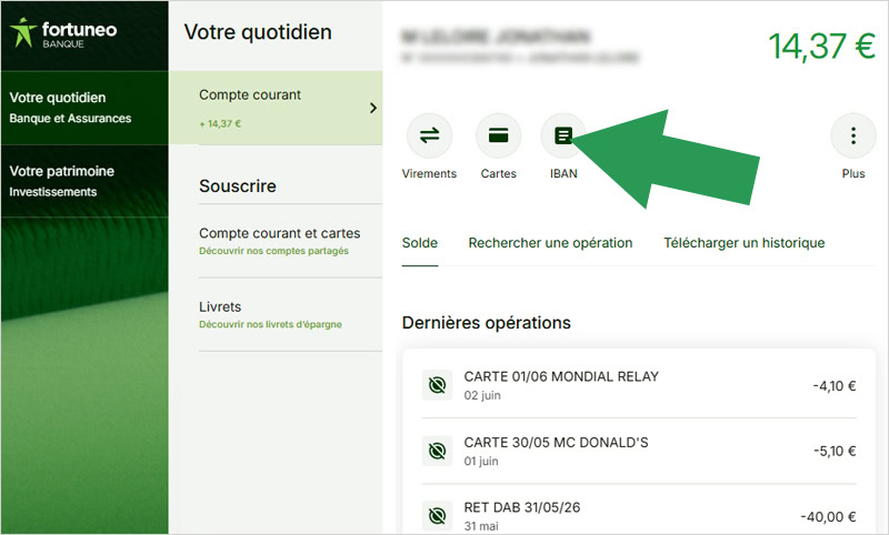Bouton IBAN directement accessible sur la nouvelle interface web de Fortuneo
