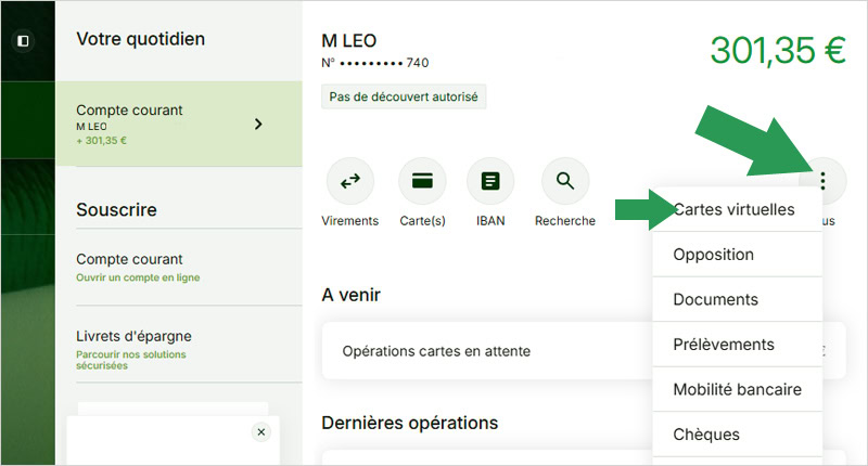 Bouton de menu pour accéder aux cartes virtuelles Fortuneo