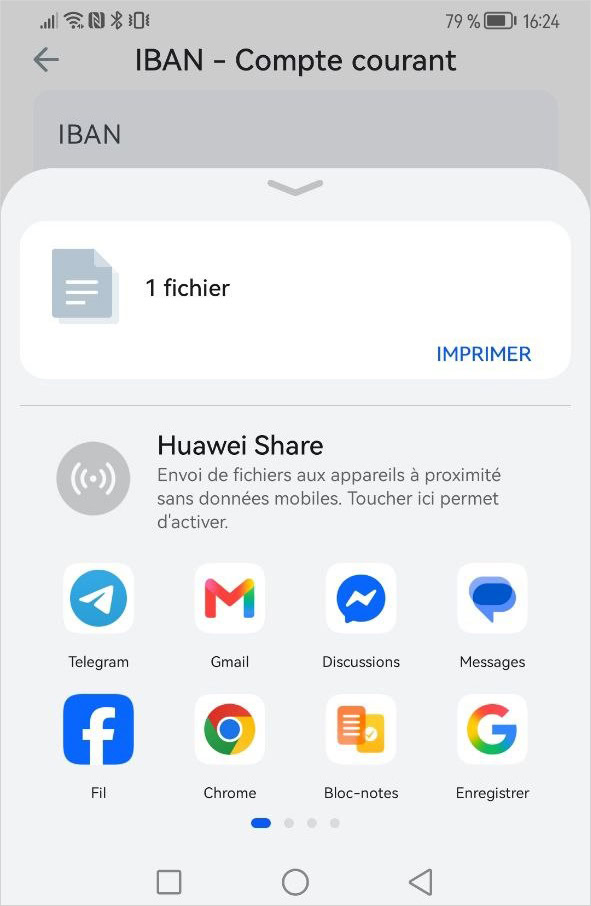 Choisir le mode de partage du PDF IBAN de Fortuneo parmi les applications de communication et réseaux sociaux