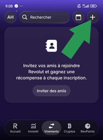 Cliquer sur le bouton Plus pour ajouter un nouveau bénéficiaire sur Revolut.