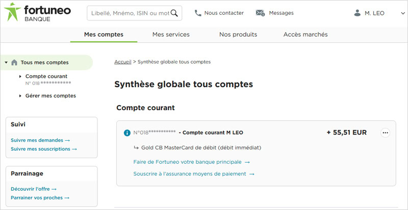 Connexion faite avec accès immédiat au compte Fortuneo