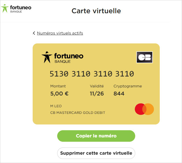 On accède à la carte virtuelle Fortuneo pour copier les numéro ou pour la supprimer