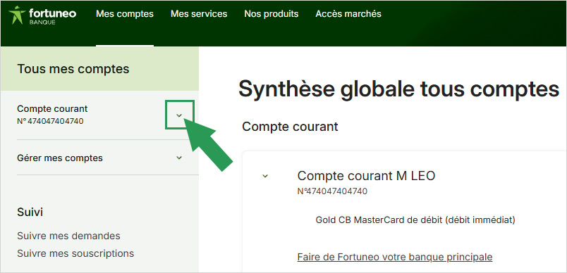 Dérouler le menu compte courant sur Fortuneo pour voir le sous-menu "Coordonnées bancaires (IBAN)"