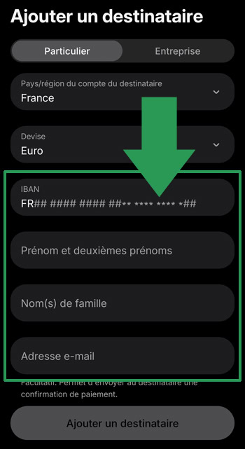Champs de formulaire à remplir pour l'ajout d'un nouveau bénéficiaire IBAN sur Revolut