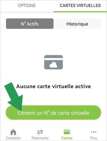 Menu de gestion des cartes virtuelles Fortuneo sur l'application