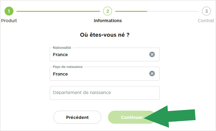 Indiquez votre lieu de naissance lors de la procédure d'ouverture de compte Fortuneo