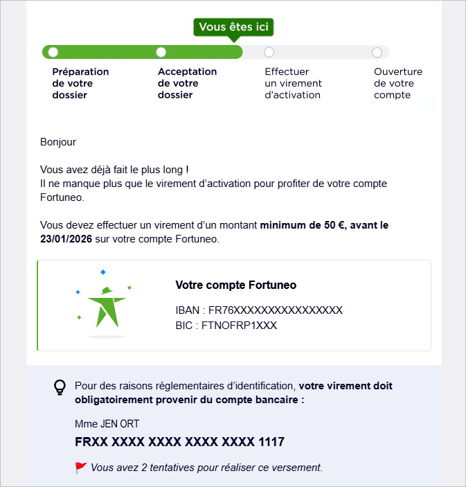 Mail reçu de la part de Fortuneo pour validation du compte bancaire