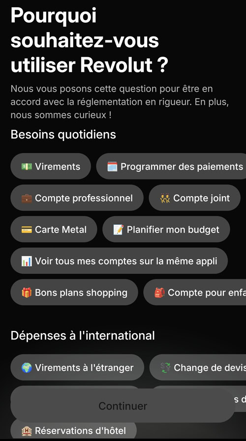 Indiquez pour quelle raison vous voulez utiliser Revolut lors de l'ouverture de compte