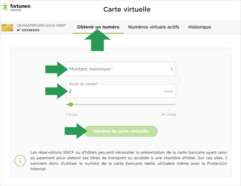 Menu des cartes bancaires virtuelles Fortuneo pour en générer une