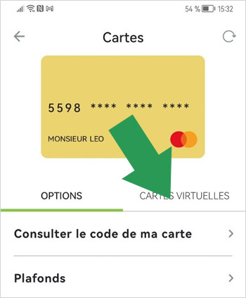 Le menu des cartes Fortuneo et l'onglet "cartes virtuelles".
