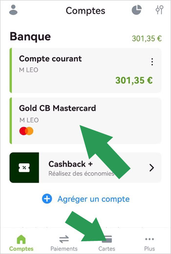 On ouvre le menu de carte bancaire sur l'application Fortuneo