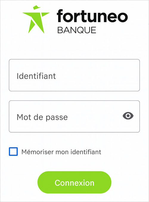 Fenêtre de connexion par identifiant et mot de passe sur l'application Fortuneo