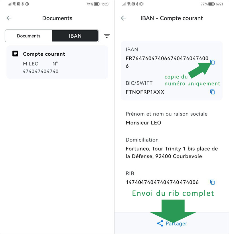 Partage du RIB IBAN depuis votre application Fortuneo