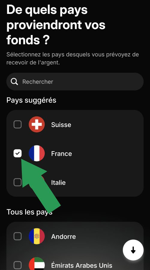 Sélectionner le pays d'origine des fonds versés sur Revolut