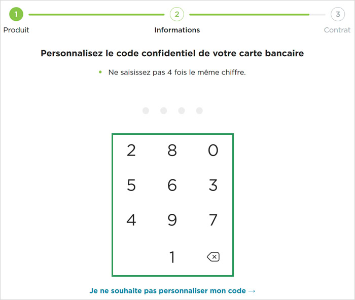 Personnalisation de votre code de carte bancaire, en saisissant quatre chiffres