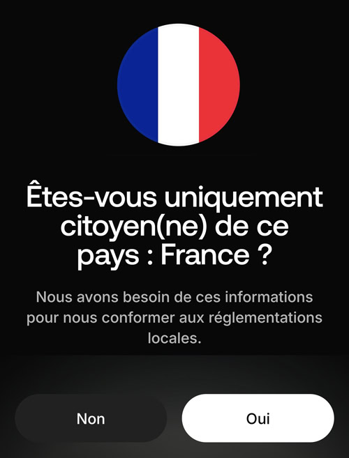Validez votre nationalité pour poursuivre l'ouverture de compte revolut