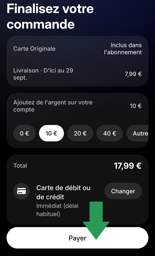 Récapitulatif de votre commande du compte Revolut