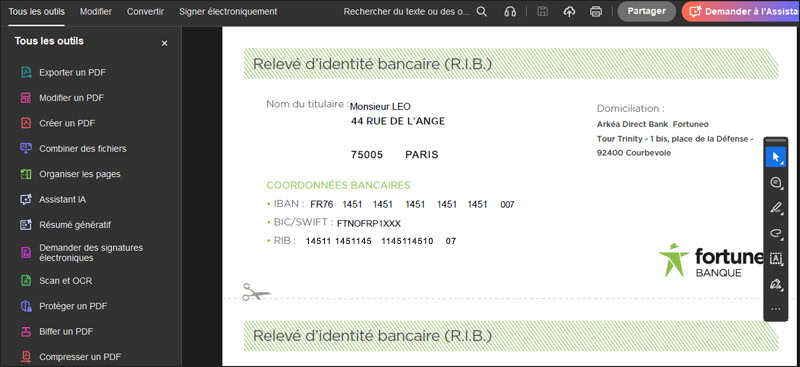 Présentation d'un RIB Fortuneo au format PDF ouvert avec Adobe Acrobat Reader