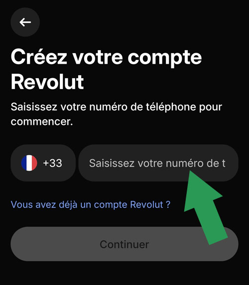 Renseigner le numéro de téléphone pour ouvrir un compte Revolut