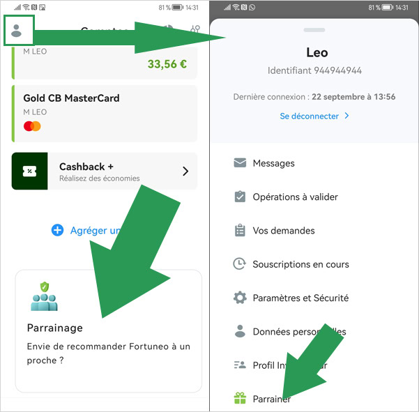 Procédure pour trouver le code de parrainage Fortuneo sur l'application