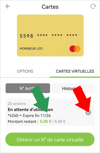 Utilisation ou suppression de la carte virtuelle Fortuneo via l'application