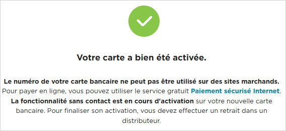 Message de validation pour l'activation de la carte bancaire Fortuneo via site web